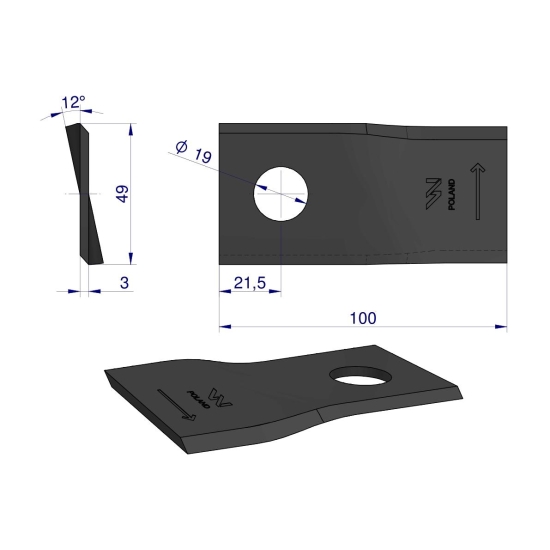 Nóż. nożyk kosiarka lewy 100x48x3mm otwór 19 zastosowanie 570419 Niemeyer WARYŃSKI ( sprzedawane po 25 )