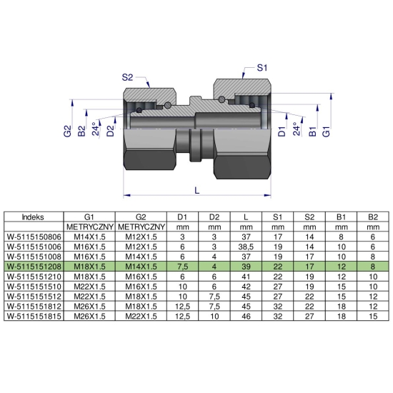 Złączka hydrauliczna metryczna AA M18x1.5 12L x M14x1.5 08L Waryński ( sprzedawane po 2 )