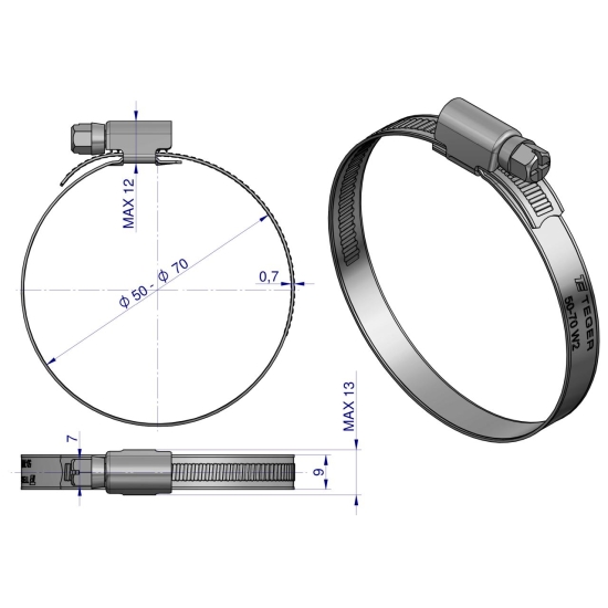 Opaska zaciskowa 50-70 ślimakowa (obejma W2 - stal nierdzewna) szerkość 9mm TEGER ( sprzedawane po 25 )