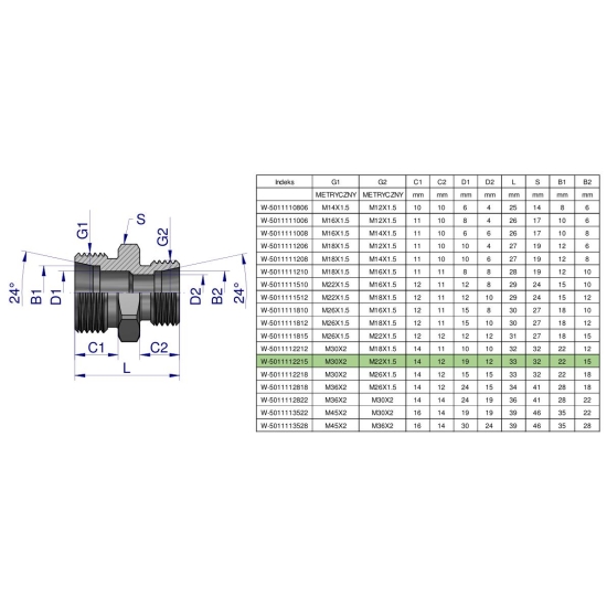 Złączka hydrauliczna redukcyjna metryczna BB M30x2 22L / M22x1.5 15L (XG) Waryński