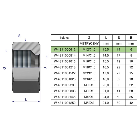 Nakrętka hydrauliczna metryczna (M06L) M12x1.5 06L Waryński ( sprzedawane po 20 )