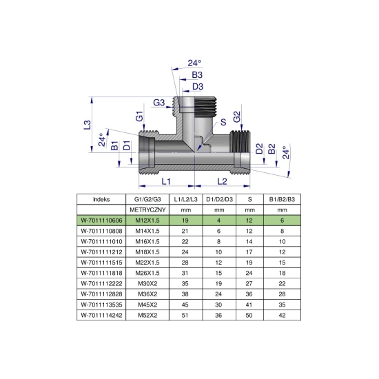 Trójnik hydrauliczny metryczny BBB M12x1.5 06L (XT) Waryński ( sprzedawane po 2 )