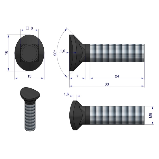 Śruba kpl. redliczkowa półokrągła M8x33 mm kl. 8.8 Waryński ( sprzedawane po 25 )