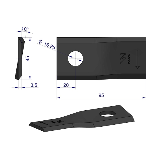 Nóż. nożyk kosiarka prawy 95x45x3.5mm otwór 16.25 zastosowanie CC20501 New Holland WARYŃSKI ( sprzedawane po 25 )