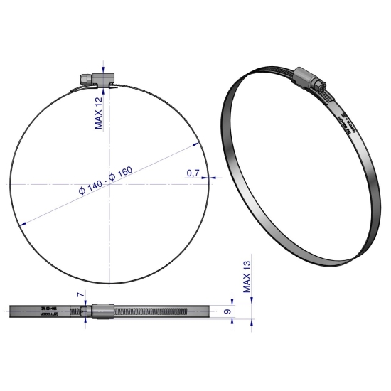 Opaska zaciskowa 140-160 ślimakowa (obejma W2 - stal nierdzewna) szerkość 9mm TEGER ( sprzedawane po 10 )