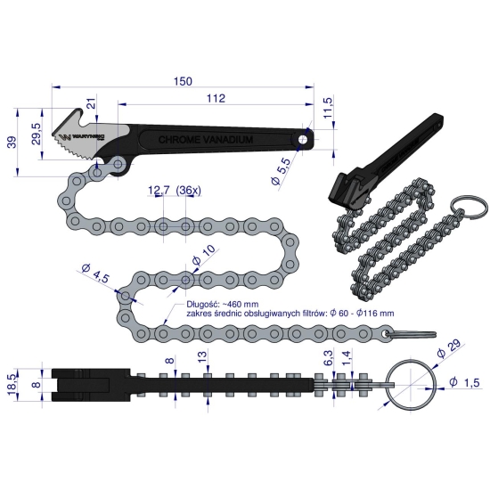 Klucz łancuchowy do filtra oleju 60-116 mm Waryński