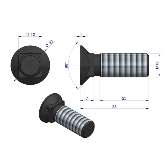 Śruba kpl. płużna podsadzana M12x35 mm kl.8.8 Waryński ( sprzedawane po 25 )