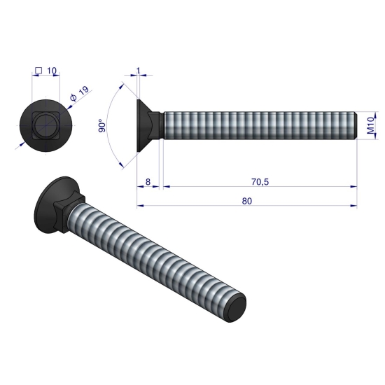 Śruba kpl. płużna podsadzana D 608 M10x80 mm kl.10.9 Waryński ( sprzedawane po 25 )