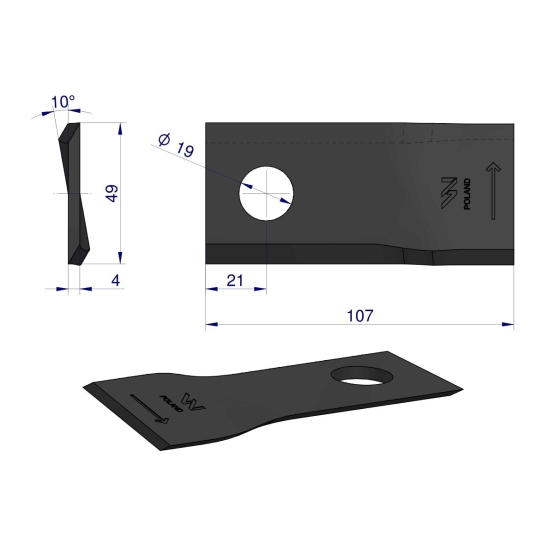 Nóż. nożyk kosiarka lewy 107x50x4mm otwór 19 zastosowanie 570683 Niemeyerl WARYŃSKI ( sprzedawane po 25 )