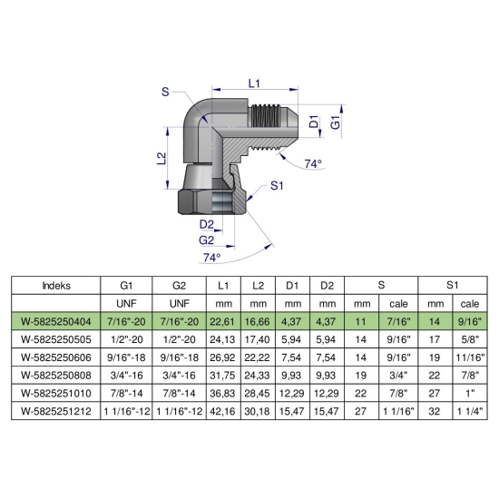 Kolanko hydrauliczne calowe AB 7/16" UNF (JIC) Waryński