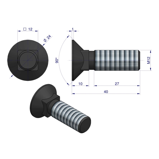 Śruba kpl. płużna podsadzana D 608 M12x40 mm kl.10.9 Waryński ( sprzedawane po 25 )