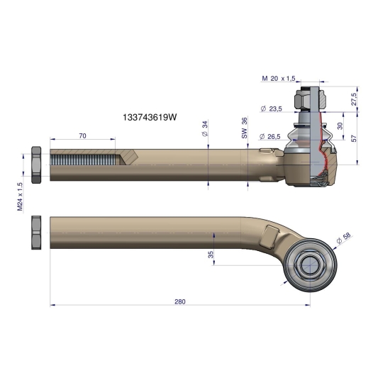 Przegub kierowniczy lewy 280mm- M24x1,5 133743619 WARYŃSKI