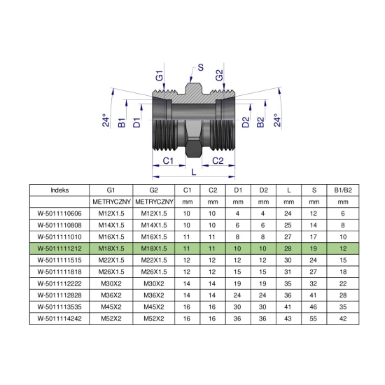 Złączka hydrauliczna metryczna BB M18x1.5 12L (XG) Waryński ( sprzedawane po 10 )