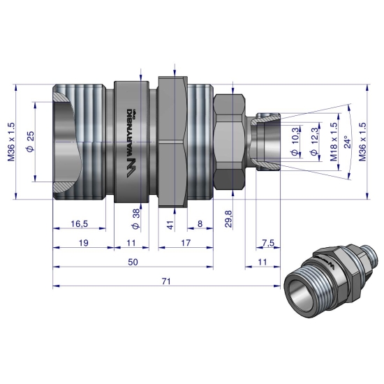 Zawór gniazdo (Bizon) M18x1,5 skręcane (ZSR6160101) Waryński