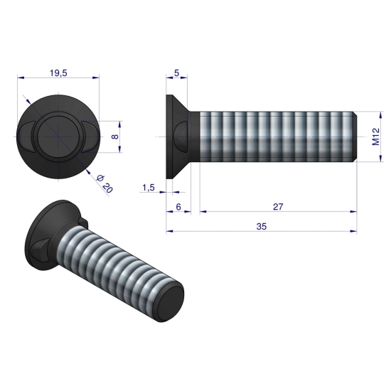 Śruba płużna dwunoskowa M12x35 mm kl.12.9 Waryński ( sprzedawane po 10kg )