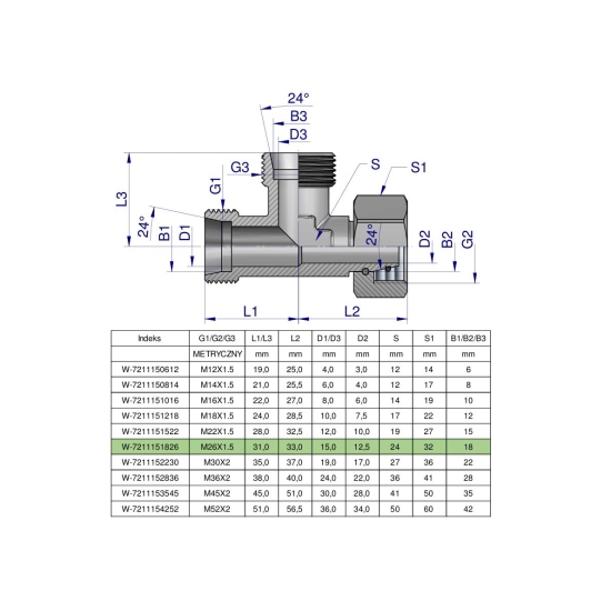 Trójnik hydrauliczny niesymetryczny metryczny BBA M26x1.5 18L (XEVL) Waryński