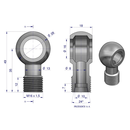 Złączka Oczkowa Fi16-10L (M16X1.5) Waryński  ( sprzedawane po 2 )