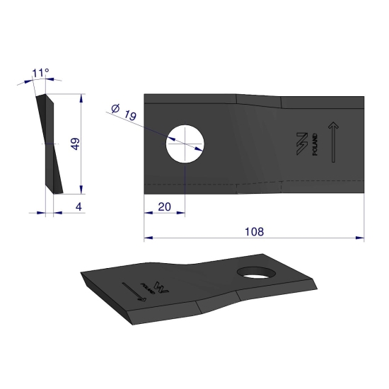Nóż. nożyk kosiarka lewy 108x47x4mm otwór 19 zastosowanie 1434985 Pottinger WARYŃSKI ( sprzedawane po 25 )