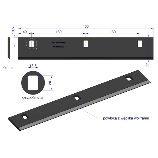 Nóż walca zrywacza napawany 400x63x6 otwory 3x20mm zastosowanie Capello WARYŃSKI