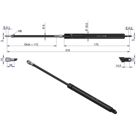 Siłownik drzwi L max. 318mm 3103957M1P MASSEY FERGUSON MAUSER POLMO