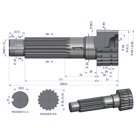 Wał napędzający reduktora 80121187 C-385 WARYŃSKI