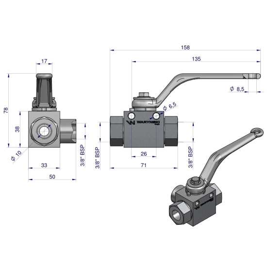 Zawór kulowy hydrauliczny 3-drogowy 3/2 - 3/8