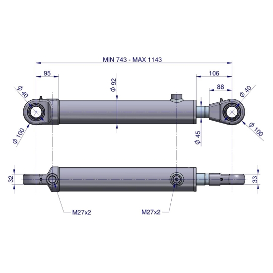 Cylinder hydrauliczny - siłownik dwustronny CJ2F-80/45/400 Waryński