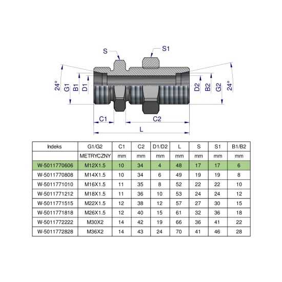 Złączka hydrauliczna metryczna grodziowa BB M12x1.5 06L z przeciwnakrętką (XSV) Waryński ( sprzedawane po 2 )