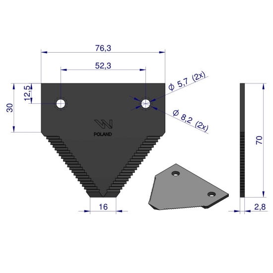 Nóż żniwny 70x76x2.8mm otwór 5.5 zastosowanie 6889590 Claas WARYŃSKI ( sprzedawane po 25 )