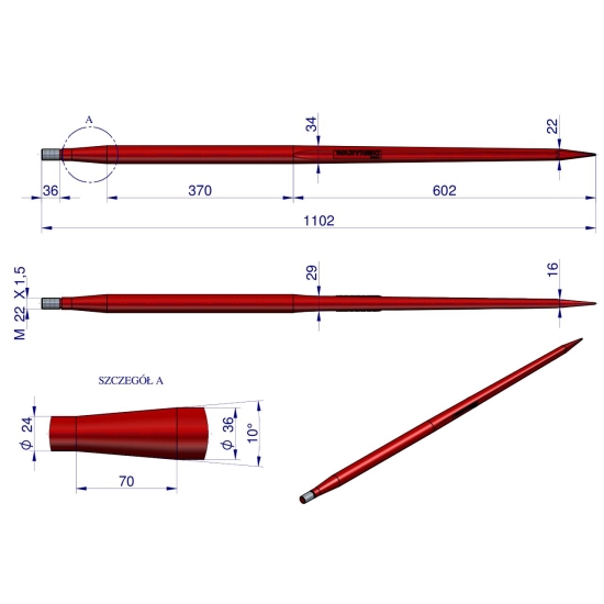 Ząb ładowacza uniwersalny czerwony prosty L- 1100 mm zastosowanie 5193-RT1 Tur WARYŃSKI W9132-1000P