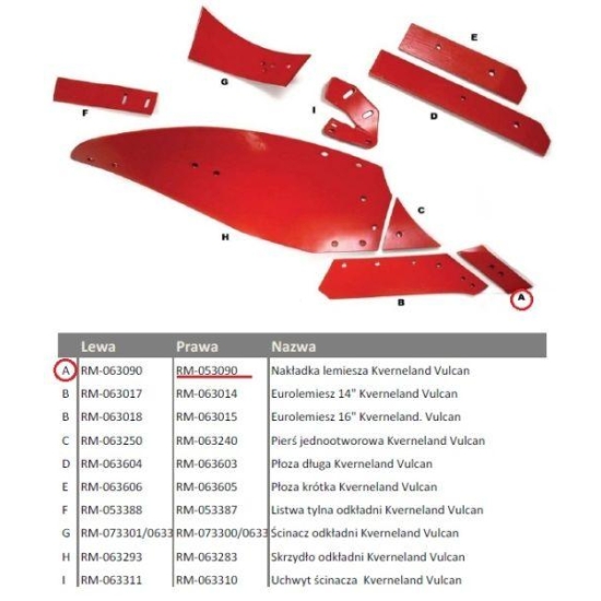 Dłuto, nakładka lemiesza prawa Kverneland Vulcan pasuje śruba M12X34OV2