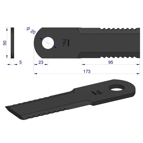 Nóż obrotowy rozdrabniacz słomy sieczkarnia 173x50x5mm otwór 20 zastosowanie 87318316 New Holland WARYŃSKI ( sprzedawane po 25 )