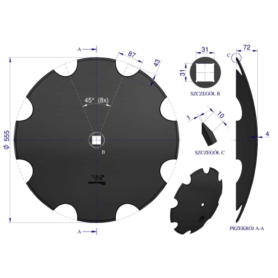 Talerz uzębiony Z-8 fi 560 otwór 30x30 stal borowa WARYŃSKI R 1279601010 1202030130