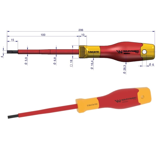 Wkrętak płaski. izolowany 4 x 100 mm. VDE. stal S2, Waryński