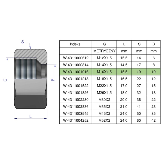 Nakrętka hydrauliczna metryczna (M10L) M16x1.5 10L Waryński ( sprzedawane po 20 )