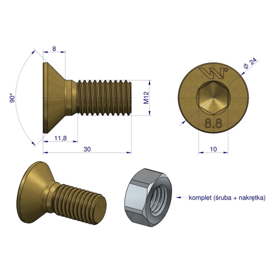 Śruba kpl. M12x30 - imbus 10 DIN7991 ( sprzedawane po 25 ) Waryński