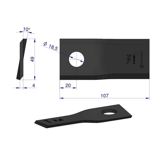 Nóż. nożyk kosiarka prawy 107x48x4mm otwór 18.5 zastosowanie 90261560 99361560 Vicon WARYŃSKI ( sprzedawane po 25 )