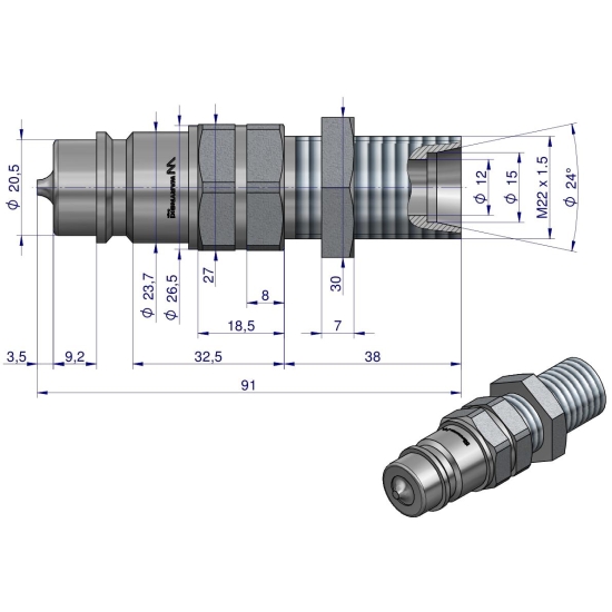 Szybkozłącze hydrauliczne wtyczka long M22x1.5 gwint zewnętrzny EURO (9100822W) (ISO 7241-A) Waryński