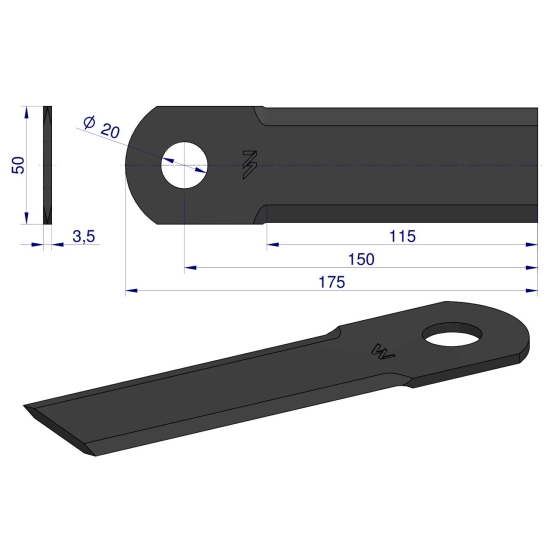 Nóż obrotowy rozdrabniacz słomy sieczkarnia gładki 175x50x3.5mm otwór 20 zastosowanie HF41348 WARYŃSKI ( sprzedawane po 25 )