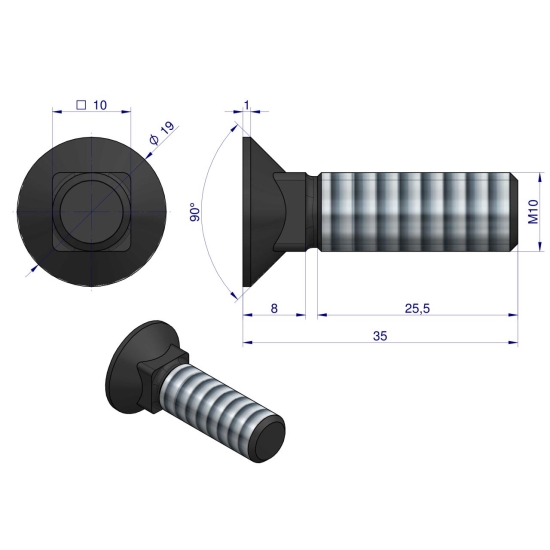 Śruba kpl. płużna podsadzana D 608 M10x35 mm kl.10.9 Waryński ( sprzedawane po 25 )