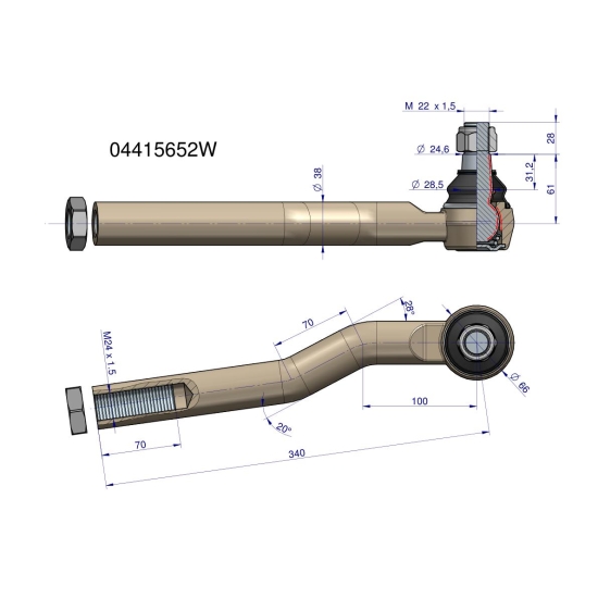 Przegub kierowniczy prawy 340mm - M24x1,5 04415652 WARYŃSKI