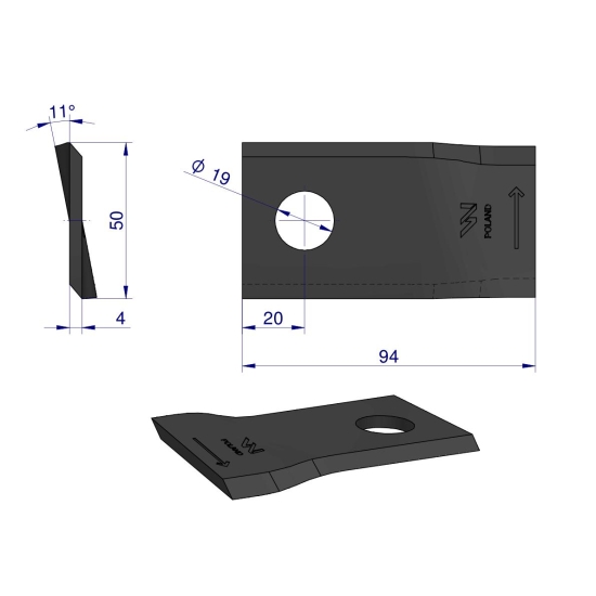 Nóż. nożyk kosiarka lewy 94x50x4mm otwór 19 zastosowanie 58031193 BCS WARYŃSKI ( sprzedawane po 25 )