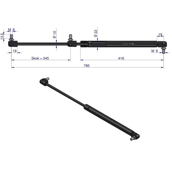 Siłownik szyby tylnej L max. 785mm 65415001 MASSEY FERGUSON POLMO