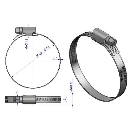 Opaska zaciskowa 32-50 ślimakowa (obejma W2 - stal nierdzewna)  szerokość 9mm TEGER ( sprzedawane po 50 )