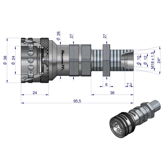 Szybkozłącze hydrauliczne gniazdo z eliminatorem ciśnienia long M18x1.5 gwint zewnętrzny EURO (9100818GL) (ISO 7241-A) Waryński