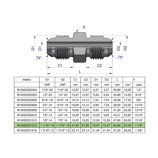 Złączka hydrauliczna calowa BB 1 1/16" UNF (JIC) Waryński