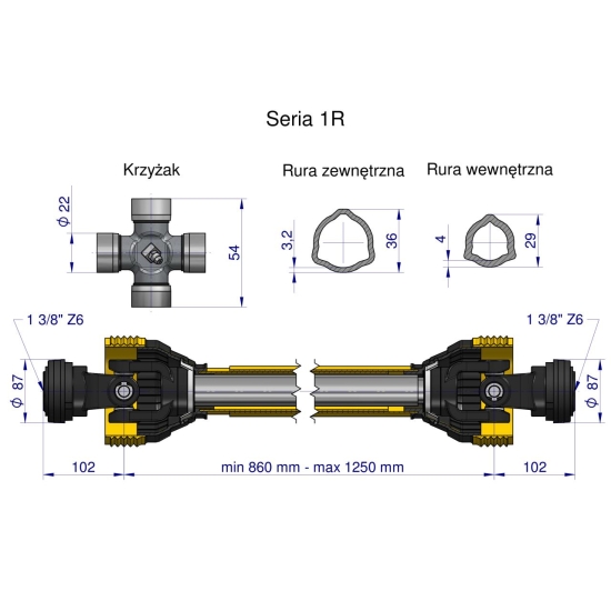 Wał przegubowo-teleskopowy 860-1250mm 210Nm 10250 CE 2020 seria 1R WARYŃSKI WA21-81