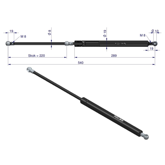 Siłownik drzwi L max. 540mm 65417043 FIAT POLMO