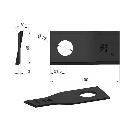 Nóż. nożyk kosiarka prawy 100x48x3mm otwór 23 zastosowanie T683R Mortl WARYŃSKI ( sprzedawane po 25 )