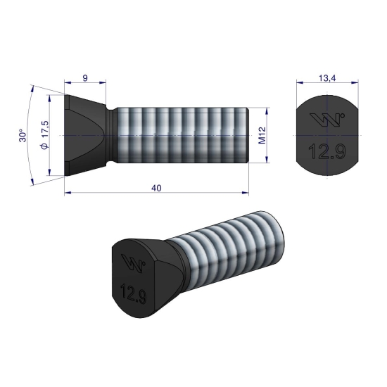 Śruba kpl. płużna oval z dwóch stron ścięta M12x40 mm kl.12.9 zastosowanie Vogel & Noot Waryński M14X48OV2VN ( sprzedawane po 25 )